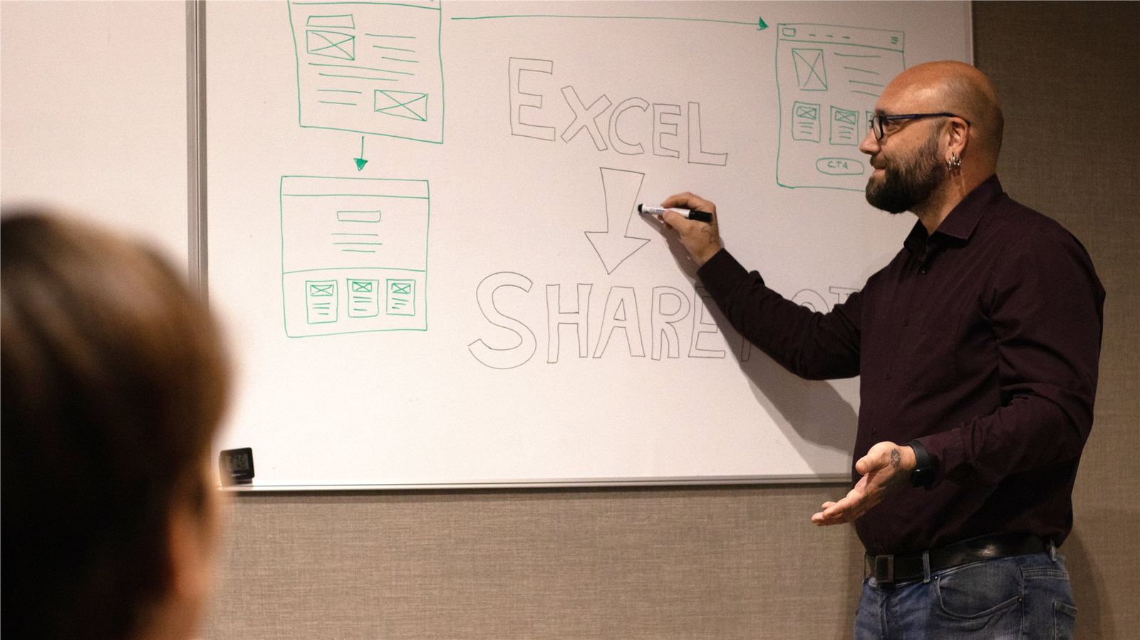 Björn explaining a workflow on a whiteboard during a workshop